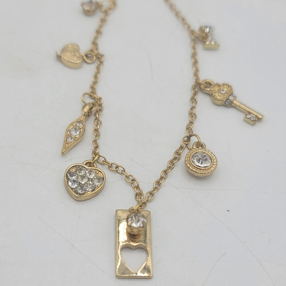 Jewelry - Gold Tone Charm Necklace with Rhinestones Hearts, Key, Bow + Extender